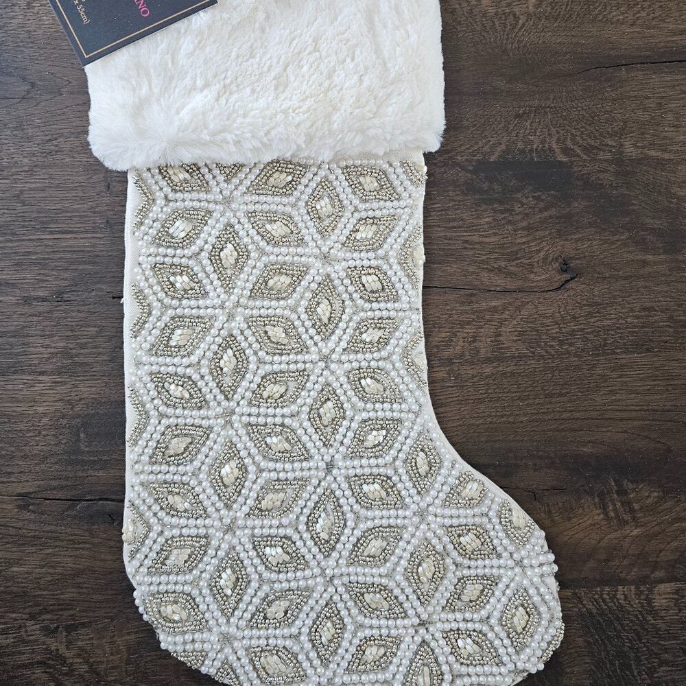 Christian Siriano Pearl Silver White Fur Beaded Luxury Christmas Stocking 22"